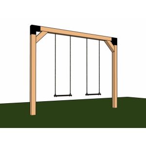 Een robuuste schommel gemaakt van duurzaam Douglas hout, stevig verankerd in de grond, ideaal voor kinderen om veilig buiten te spelen